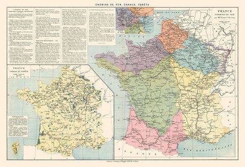 Railroads Canals Forests France - Drioux 1882 Black Ornate Wood Framed Art Print with Double Matting by Drioux