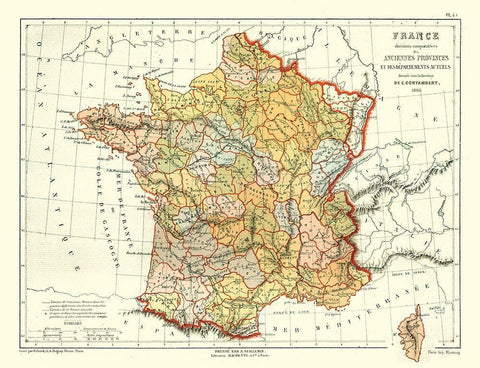 Ancient Provinces of France - Cortambert 1868 Black Ornate Wood Framed Art Print with Double Matting by Cortambert