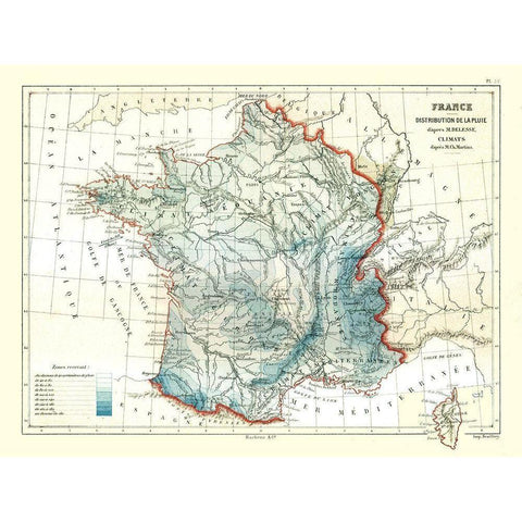 Rain Distribution France - Cortambert 1880 Gold Ornate Wood Framed Art Print with Double Matting by Cortambert