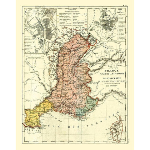 Basins of Rhone France - Cortambert 1880 Black Modern Wood Framed Art Print with Double Matting by Cortambert