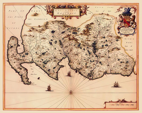 Great Britain Galloway Scotland - Blaeu 1654 Black Ornate Wood Framed Art Print with Double Matting by Blaeu