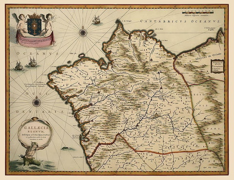 Iberian Peninsula Galicia Spain - Blaeu 1635 White Modern Wood Framed Art Print with Double Matting by Blaeu