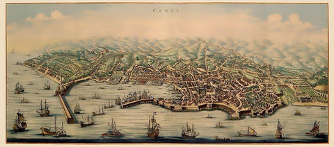 Genoa Panoramic Italy - Mortier 1704 Black Ornate Wood Framed Art Print with Double Matting by Mortier