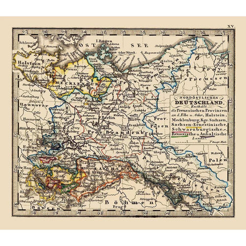 Europe Northern Germany - Stieler 1852 Gold Ornate Wood Framed Art Print with Double Matting by Stieler