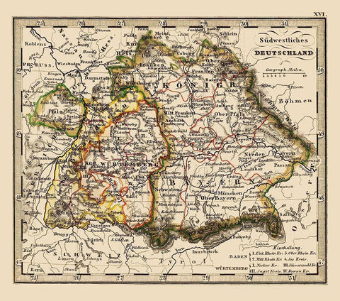 Southwest Germany - Stieler 1852 Black Ornate Wood Framed Art Print with Double Matting by Stieler