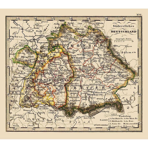 Southwest Germany - Stieler 1852 White Modern Wood Framed Art Print by Stieler
