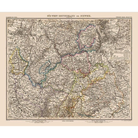 Southwest Germany Switzerland - Stieler 1885 Gold Ornate Wood Framed Art Print with Double Matting by Stieler