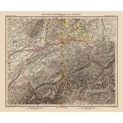 Southwest Germany Switzerland - Stieler 1885 White Modern Wood Framed Art Print by Stieler