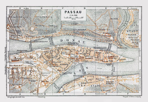 Passau Germany - Baedeker 1914 Black Ornate Wood Framed Art Print with Double Matting by Baedeker