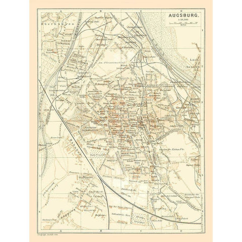 Augsburg Germany - Baedeker 1896 Gold Ornate Wood Framed Art Print with Double Matting by Baedeker