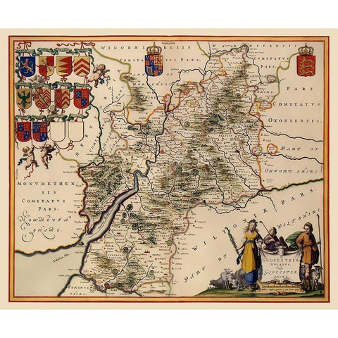 Glocestershire County England - Jansson 1646 Gold Ornate Wood Framed Art Print with Double Matting by Jansson