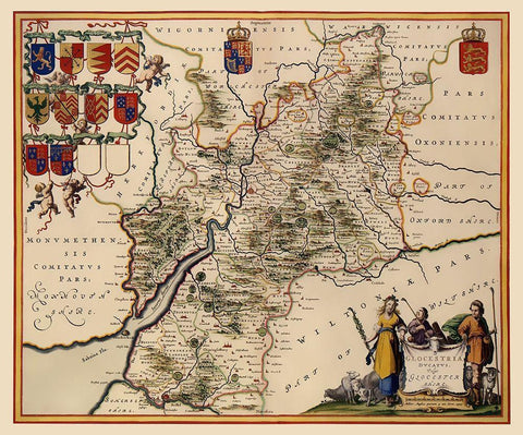 Glocestershire County England - Jansson 1646 Black Ornate Wood Framed Art Print with Double Matting by Jansson