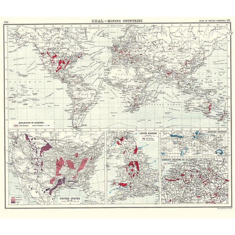 Global Coal Mining Countries - Bartholomew 1907 White Modern Wood Framed Art Print by Bartholomew