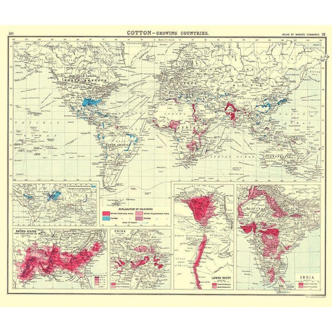 Global Cotton Growing Contries - Bartholomew 1907 White Modern Wood Framed Art Print by Bartholomew