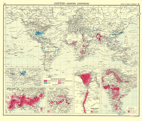 Global Cotton Growing Contries - Bartholomew 1907 White Modern Wood Framed Art Print with Double Matting by Bartholomew