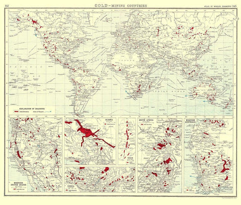 Global Gold Mining Countries - Bartholomew 1907 White Modern Wood Framed Art Print with Double Matting by Bartholomew