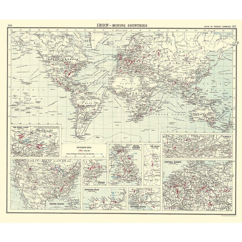 Global Iron Mining Countries - Bartholomew 1907 Gold Ornate Wood Framed Art Print with Double Matting by Bartholomew