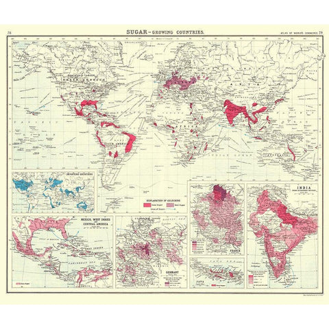 Global Sugar Growing Countries - Bartholomew 1907 Gold Ornate Wood Framed Art Print with Double Matting by Bartholomew