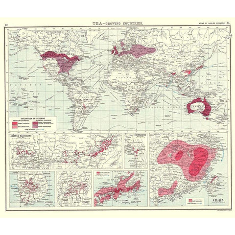 Global Tea Growing Countries - Bartholomew 1907 White Modern Wood Framed Art Print by Bartholomew