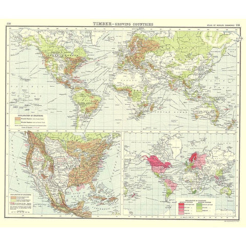 Global Timber Growing Countries - Bartholomew 1907 Gold Ornate Wood Framed Art Print with Double Matting by Bartholomew