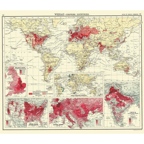 Global Wheat Growing Countries - Bartholomew 1907 White Modern Wood Framed Art Print by Bartholomew