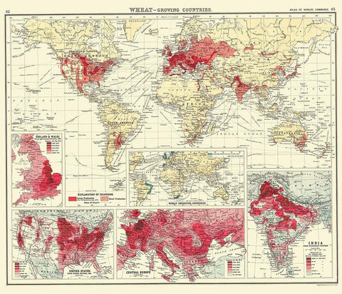 Global Wheat Growing Countries - Bartholomew 1907 Black Ornate Wood Framed Art Print with Double Matting by Bartholomew