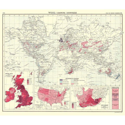 Global Wool Growing Countries - Bartholomew 1907 Gold Ornate Wood Framed Art Print with Double Matting by Bartholomew