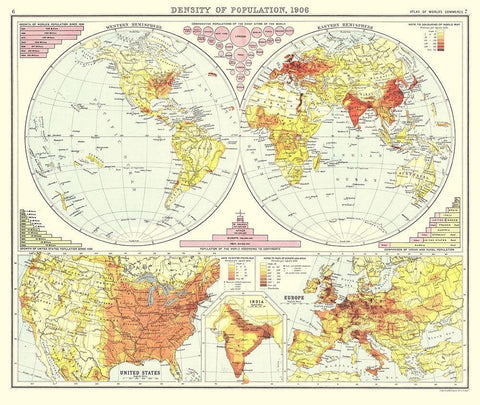 Global Density of Population - Bartholomew 1906 White Modern Wood Framed Art Print with Double Matting by Bartholomew