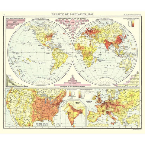 Global Density of Population - Bartholomew 1906 Gold Ornate Wood Framed Art Print with Double Matting by Bartholomew