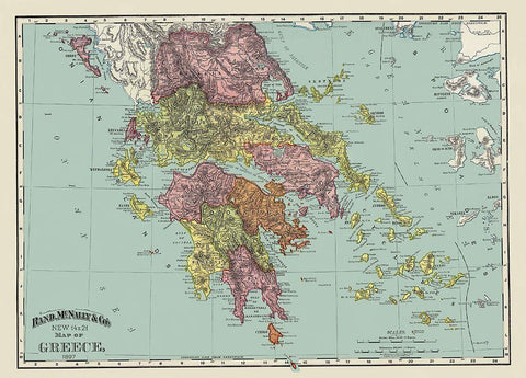Greece - Rand McNally 1897 Black Ornate Wood Framed Art Print with Double Matting by Rand McNally