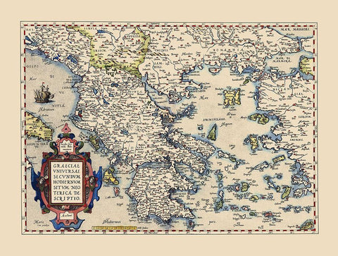 Hellenic Republic Greece - Ortelius 1606 Black Ornate Wood Framed Art Print with Double Matting by Ortelius