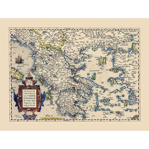 Hellenic Republic Greece - Ortelius 1606 Gold Ornate Wood Framed Art Print with Double Matting by Ortelius