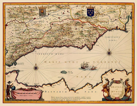 Iberian Peninsula Granada Murcia Spain - Blaeu Black Ornate Wood Framed Art Print with Double Matting by Blaeu