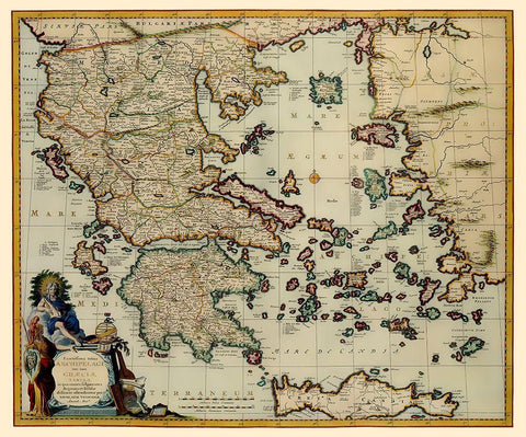Aegean Sea Crete Greece - Visscher 1681 Black Ornate Wood Framed Art Print with Double Matting by Visscher