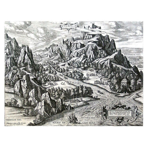 Vale of Tempe Greece - Ortelius 1570 Black Modern Wood Framed Art Print with Double Matting by Ortelius