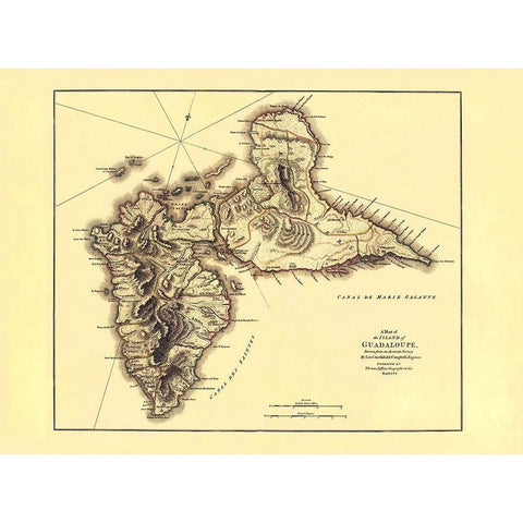 Caribbean Guadeloupe - Jefferys 1775 Black Modern Wood Framed Art Print with Double Matting by Jefferys