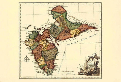 Caribbean Guadeloupe - Jefferys 1775 Black Ornate Wood Framed Art Print with Double Matting by Jefferys