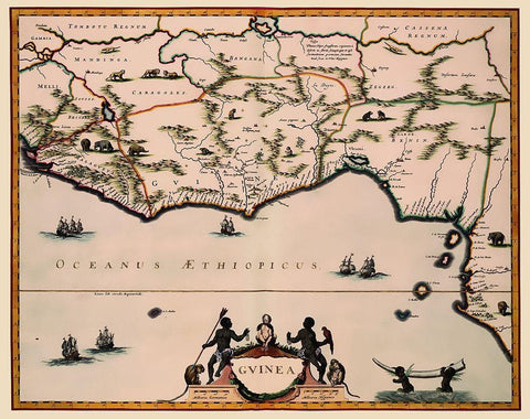 Guinea Africa - Blaeu 1635 Black Ornate Wood Framed Art Print with Double Matting by Blaeu