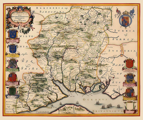 Hampshire County England - Blaeu 1646 Black Ornate Wood Framed Art Print with Double Matting by Blaeu