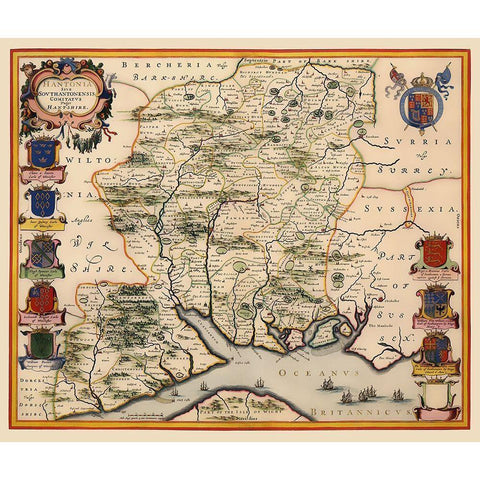 Hampshire County England - Blaeu 1646 Black Modern Wood Framed Art Print by Blaeu