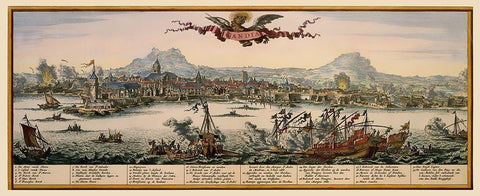 Heraklion Panoramic Greece - Visscher 1680 White Modern Wood Framed Art Print with Double Matting by Visscher