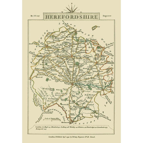 Herefordshire County England - Cary 1792 White Modern Wood Framed Art Print by Cary