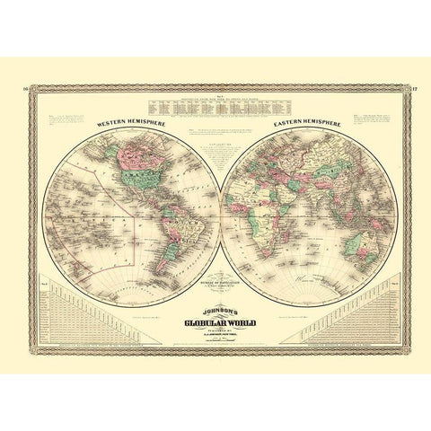 Western Eastern Hemisphere - Johnson 1870 White Modern Wood Framed Art Print by Johnson