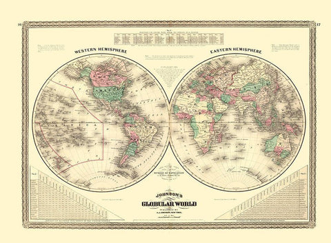 Western Eastern Hemisphere - Johnson 1870 White Modern Wood Framed Art Print with Double Matting by Johnson