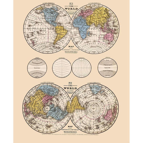 Hemispheres Equatorial Polar Projections - Mit Gold Ornate Wood Framed Art Print with Double Matting by Mitchell