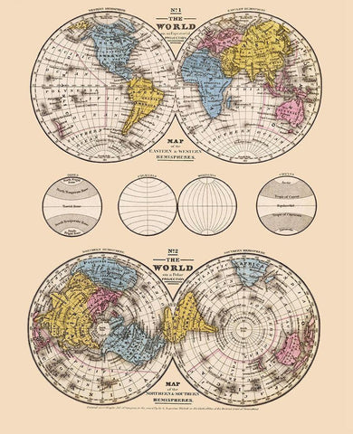 Hemispheres Equatorial Polar Projections - Mit Black Ornate Wood Framed Art Print with Double Matting by Mitchell