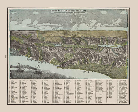 Birds Eye View of The Holy Land - Cram 1892 Black Ornate Wood Framed Art Print with Double Matting by Cram