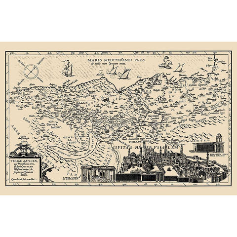 Holy Land with Jerusalem Israel - De Jode 1578 Gold Ornate Wood Framed Art Print with Double Matting by De Jode