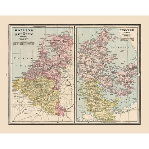 Europe Holland Belgium Denmark - Cram 1888 Gold Ornate Wood Framed Art Print with Double Matting by Cram