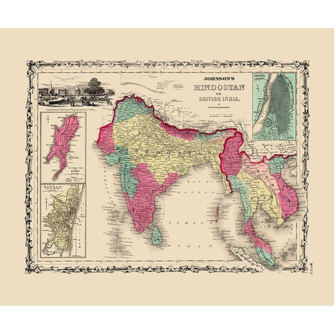 Hindostan British India - Johnson 1860 Black Modern Wood Framed Art Print with Double Matting by Johnson